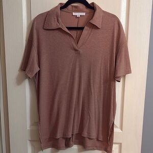 JANE+DELANCEY | Women's Tan Ribbed Oversized Polo Shirt size Medium